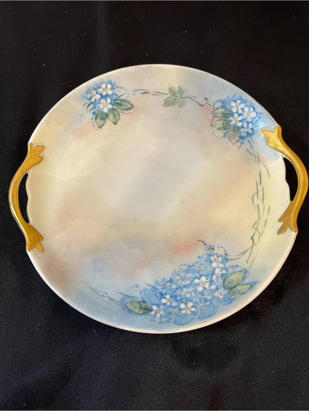 Blue Floral Handled Porcelain Plate- Cream and Gold Accents